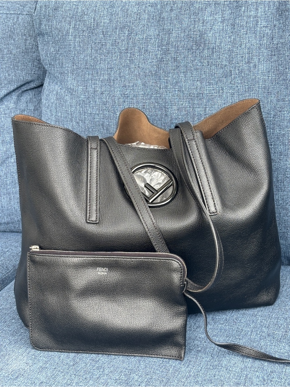 Fendi Black Leather Shopper Tote with Matching Pouch and Logo Medallion